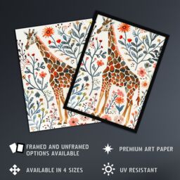 "Artery8 Giraffe with Wildflowers Watercolour Folk Art Wall Art Print - Size: W12"" x H16""" - thumbnail 2