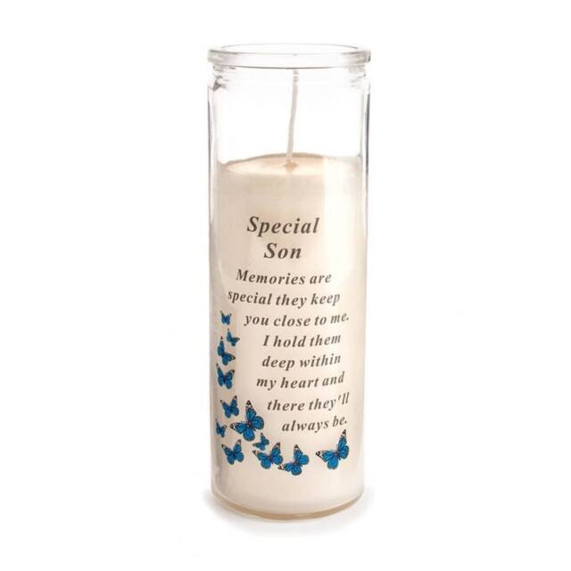 David Fischhoff Graveside Memorial Glass Candle - Special Son in White