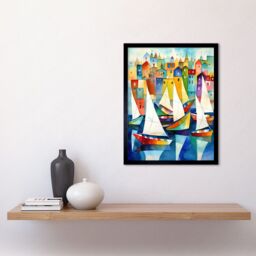"Artery8 Wall Art Print Harbour Boats Folk Art Watercolour Painting Art Framed in Black - Size: W12"" x H16""" - thumbnail 2