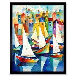 "Artery8 Wall Art Print Harbour Boats Folk Art Watercolour Painting Art Framed in Black - Size: W12"" x H16""" - thumbnail 1