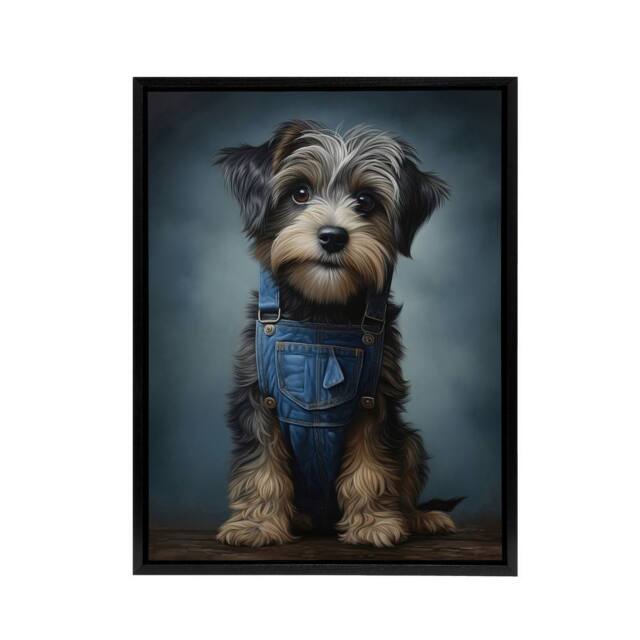 "Artery8 Adorable Snorkie Dog In Dungarees Framed Canvas Wall Art Print in Grey - Size: W18"" x H24""" - image 1