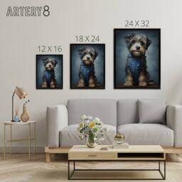 "Artery8 Adorable Snorkie Dog In Dungarees Framed Canvas Wall Art Print in Grey - Size: W18"" x H24""" - thumbnail 4