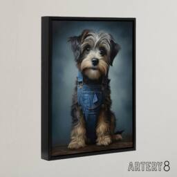 "Artery8 Adorable Snorkie Dog In Dungarees Framed Canvas Wall Art Print in Grey - Size: W18"" x H24""" - thumbnail 2