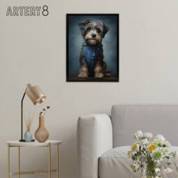 "Artery8 Adorable Snorkie Dog In Dungarees Framed Canvas Wall Art Print in Grey - Size: W18"" x H24""" - thumbnail 3