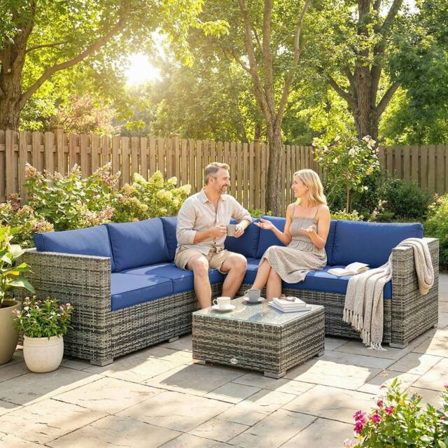 OUTSUNNY 4 Pieces Rattan Garden Furniture Sofa Set with Coffee Table Blue - image 1