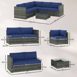OUTSUNNY 4 Pieces Rattan Garden Furniture Sofa Set with Coffee Table Blue - thumbnail 3