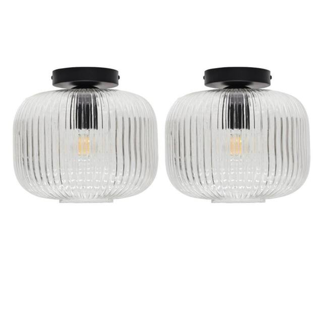 First Choice Lighting Set of 2 Batley Large - Clear Ribbed Glass Black Ceiling Lights