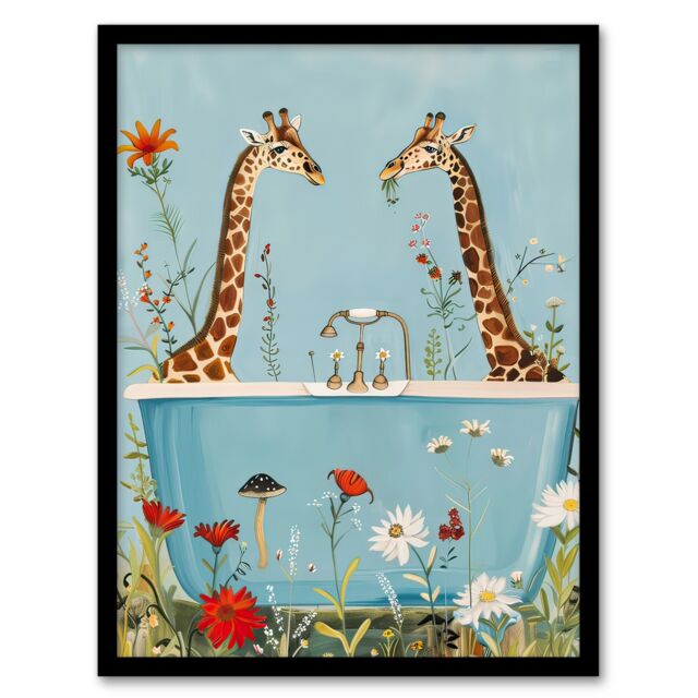 Artery8 Giraffe Bath Time Surreal Floral Nature Painting Framed Art Print in Blue - Size: A4 - image 1