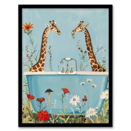 Artery8 Giraffe Bath Time Surreal Floral Nature Painting Framed Art Print in Blue - Size: A4 - thumbnail 1