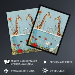 Artery8 Giraffe Bath Time Surreal Floral Nature Painting Framed Art Print in Blue - Size: A4 - thumbnail 2