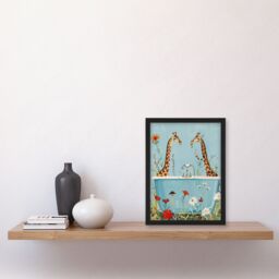 Artery8 Giraffe Bath Time Surreal Floral Nature Painting Framed Art Print in Blue - Size: A4 - thumbnail 4