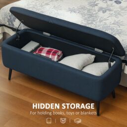 HOMCOM Storage Ottoman Bench, Linen Fabric Footstool with Steel Legs in Dark Blue - thumbnail 4
