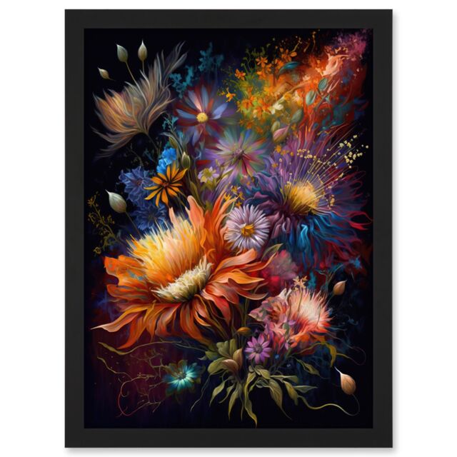 Artery8 Wildflower Bouquet Pink Blue Orange Floral Art Artwork Framed Wall Art Print A4 in Black - image 1