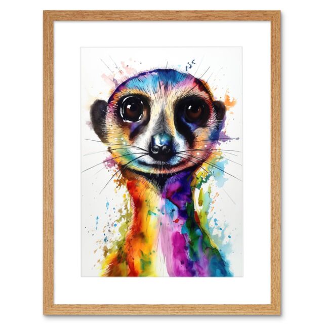 "Artery8 Wall Art Print Meerkat Splash Paint Watercolour Painting Artwork Framed 9X7 Inch in Beige - Size: W7"" x H9""" - image 1
