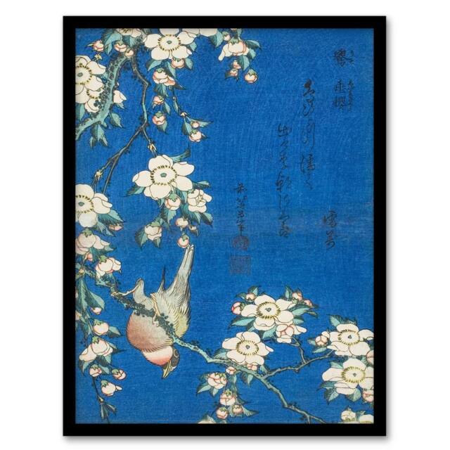 Artery8 Hokusai Framed Wall Art Print Bullfinch & Weeping Cherry Blossoms in Blue - Size: A4 - image 1
