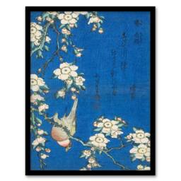 Artery8 Hokusai Framed Wall Art Print Bullfinch & Weeping Cherry Blossoms in Blue - Size: A4 - thumbnail 1