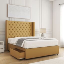 "BSSPOKE Winchester Plush Divan Bed 54""Headboard 2Drawers Footend No Mattress in Mustard - Size: Small Double"