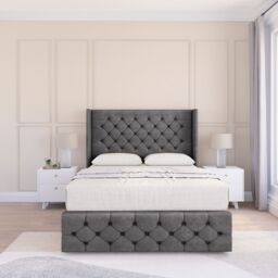 "Sloomy Luthor Plush Wingback Bed Set, 2 Drawers & 54"" Floor Standing Headboard in Dark Grey - Size: Super King" - thumbnail 2