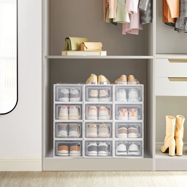 SONGMICS Pack of 12 Stackable Storage Organisers Foldable Medium Sized Boxes in White - image 1