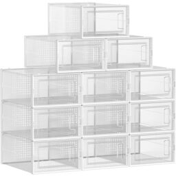 SONGMICS Pack of 12 Stackable Storage Organisers Foldable Medium Sized Boxes in White - thumbnail 7