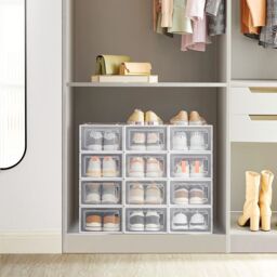 SONGMICS Pack of 12 Stackable Storage Organisers Foldable Medium Sized Boxes in White - thumbnail 1