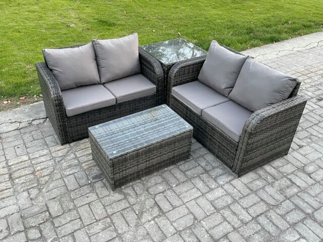 Fimous Outdoor Lounge Sofa Set Rattan Garden Furniture Set with Rectangular Coffee Table Side Table Dark Grey Mixed - image 1