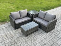 Fimous Outdoor Lounge Sofa Set Rattan Garden Furniture Set with Rectangular Coffee Table Side Table Dark Grey Mixed - thumbnail 2
