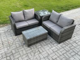 Fimous Outdoor Lounge Sofa Set Rattan Garden Furniture Set with Rectangular Coffee Table Side Table Dark Grey Mixed - thumbnail 1