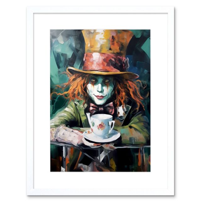 "Artery8 Wall Art Print Alice in Wonderland Mad Hatter Tea Party Portrait Artwork Framed 9X7 Inch in White - Size: W7"" x H9""" - image 1