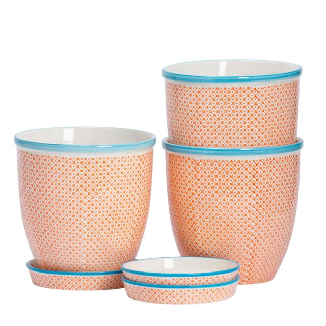 Nicola Spring Hand-Printed Plant Pots with Saucers - 20.5cm - Pack of 3 in Orange - image 1