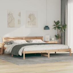 Berkfield Home with LED Strip Lights with Headboard Brown 200 x 200 cm Solid pine wood in Beige - thumbnail 1