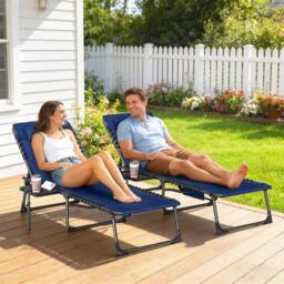 OUTSUNNY Folding Sun Loungers with 5-Level Back, Cup Holder in Dark Blue - Size: 190 cm x 60 cm