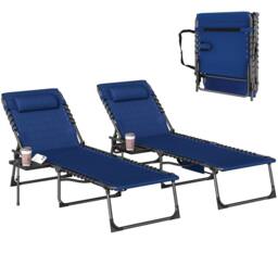 OUTSUNNY Folding Sun Loungers with 5-Level Back, Cup Holder in Dark Blue - Size: 190 cm x 60 cm - thumbnail 2