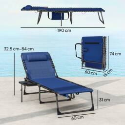 OUTSUNNY Folding Sun Loungers with 5-Level Back, Cup Holder in Dark Blue - Size: 190 cm x 60 cm - thumbnail 3