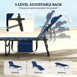 OUTSUNNY Folding Sun Loungers with 5-Level Back, Cup Holder in Dark Blue - Size: 190 cm x 60 cm - thumbnail 4