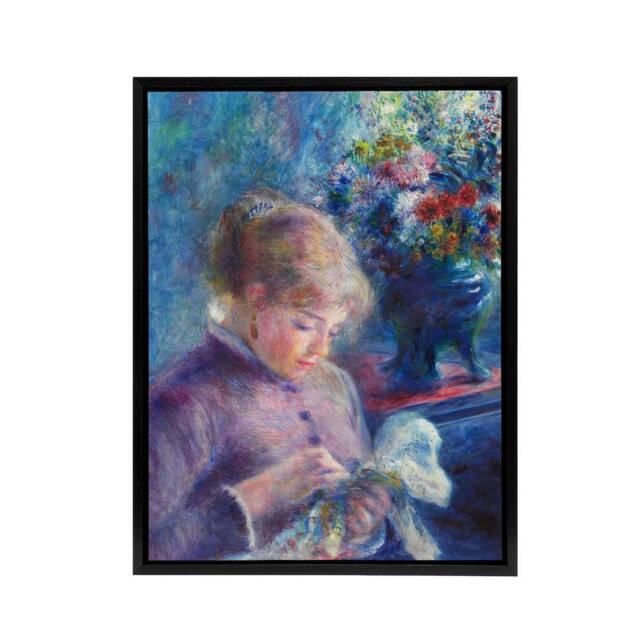 "Artery8 Young Woman Sewing Renoir Vintage Black Framed Canvas Wall Art in Blue - Size: W18"" x H24""" - image 1