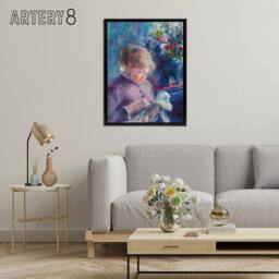 "Artery8 Young Woman Sewing Renoir Vintage Black Framed Canvas Wall Art in Blue - Size: W18"" x H24""" - thumbnail 3