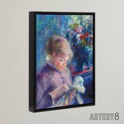 "Artery8 Young Woman Sewing Renoir Vintage Black Framed Canvas Wall Art in Blue - Size: W18"" x H24""" - thumbnail 2