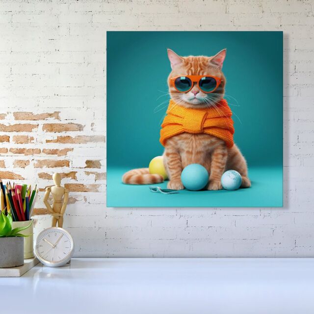 Warren Reed - Designer Cat In Glasses With Balls Of Wool Canvas - Size: w10 inch x h10 inch - image 1