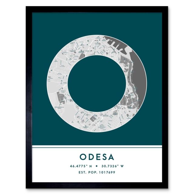 "Wee Blue Coo Wall Art Print Odesa Ukraine City Map Modern Typography Stylish Letter Framed Word in Teal - Size: W12"" x H16""" - image 1