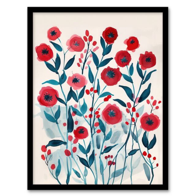 "Artery8 Poppy Flowers Red Teal Bright Floral Watercolour Framed Wall Art - Size: W12"" x H16""" - image 1