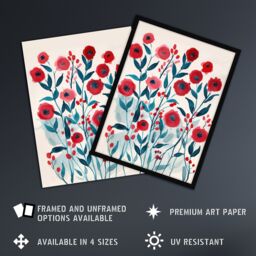 "Artery8 Poppy Flowers Red Teal Bright Floral Watercolour Framed Wall Art - Size: W12"" x H16""" - thumbnail 2