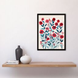 "Artery8 Poppy Flowers Red Teal Bright Floral Watercolour Framed Wall Art - Size: W12"" x H16""" - thumbnail 4