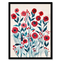 "Artery8 Poppy Flowers Red Teal Bright Floral Watercolour Framed Wall Art - Size: W12"" x H16""" - thumbnail 1