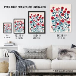 "Artery8 Poppy Flowers Red Teal Bright Floral Watercolour Framed Wall Art - Size: W12"" x H16""" - thumbnail 3