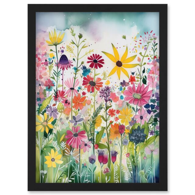Artery8 Bright Wildflower Floral Blooms Folk Art Artwork Framed Wall Art Print A4 in Black - image 1