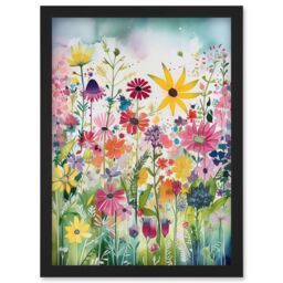 Artery8 Bright Wildflower Floral Blooms Folk Art Artwork Framed Wall Art Print A4 in Black - thumbnail 1