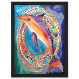 Artery8 Rainbow Dolphin & Pattern Hoop Folk Art Watercolour Painting Artwork Framed Wall Art Print A4 in Black - thumbnail 1