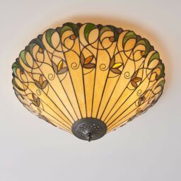 Loops Tiffany Glass Semi Flush Ceiling Light Amber Floral Inverted Round Shade i00051 in Clear - thumbnail 4