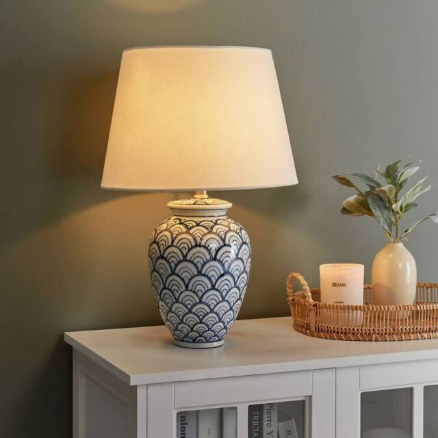 Wyld and Coco Porcelain Table Lamp with Blue and White Wave Pattern Linen Shade - image 1